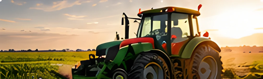 Ilustração de trator em um campo agrícola ao pôr do sol