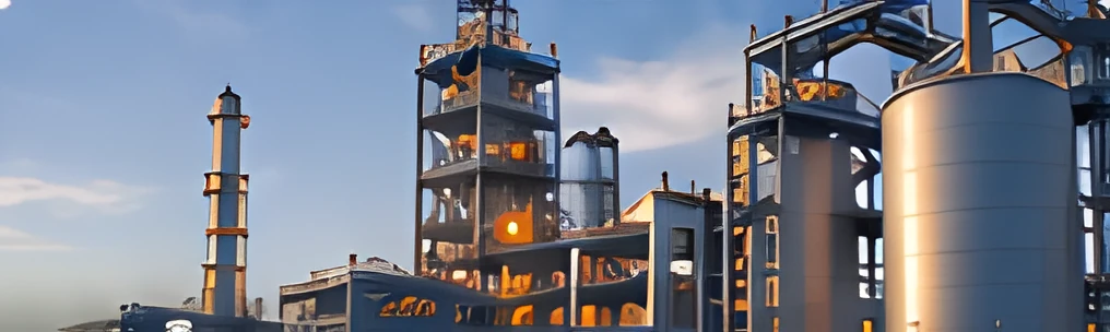 Ilustração de instalações industriais com tanques e estruturas metálicas