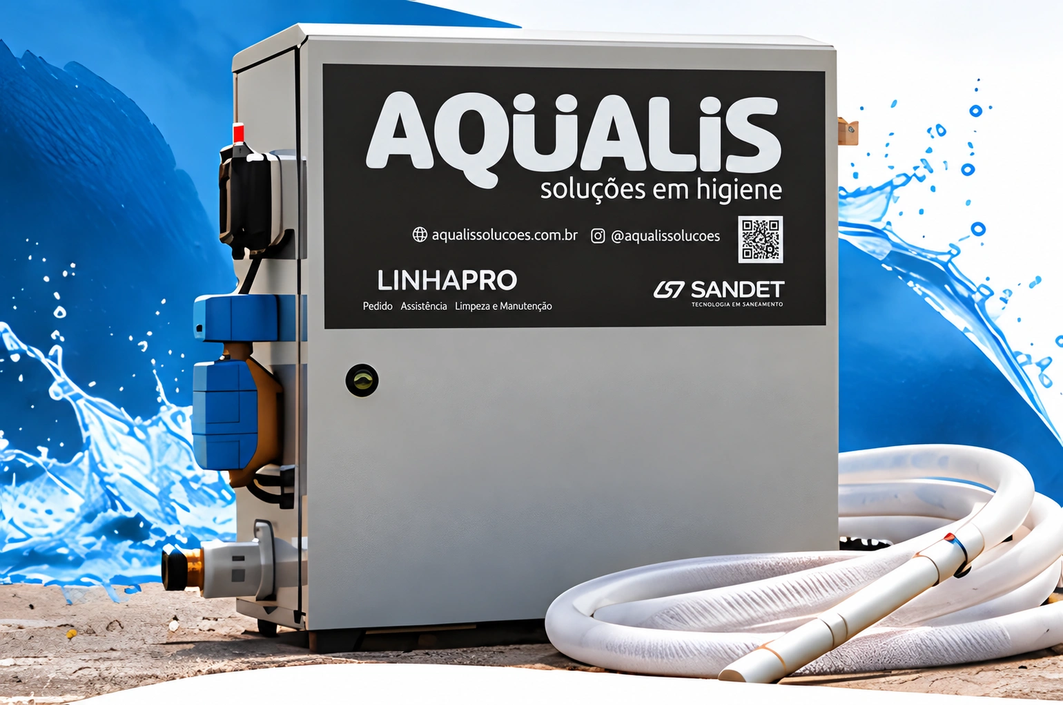 Equipamento LINHAPRO com mangueiras e ondas de água ao fundo